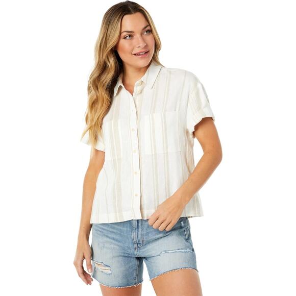 Madewell Tops - Madewell White Beige Linen Striped Pocket Cropped Button Down Shirt Top Size XS